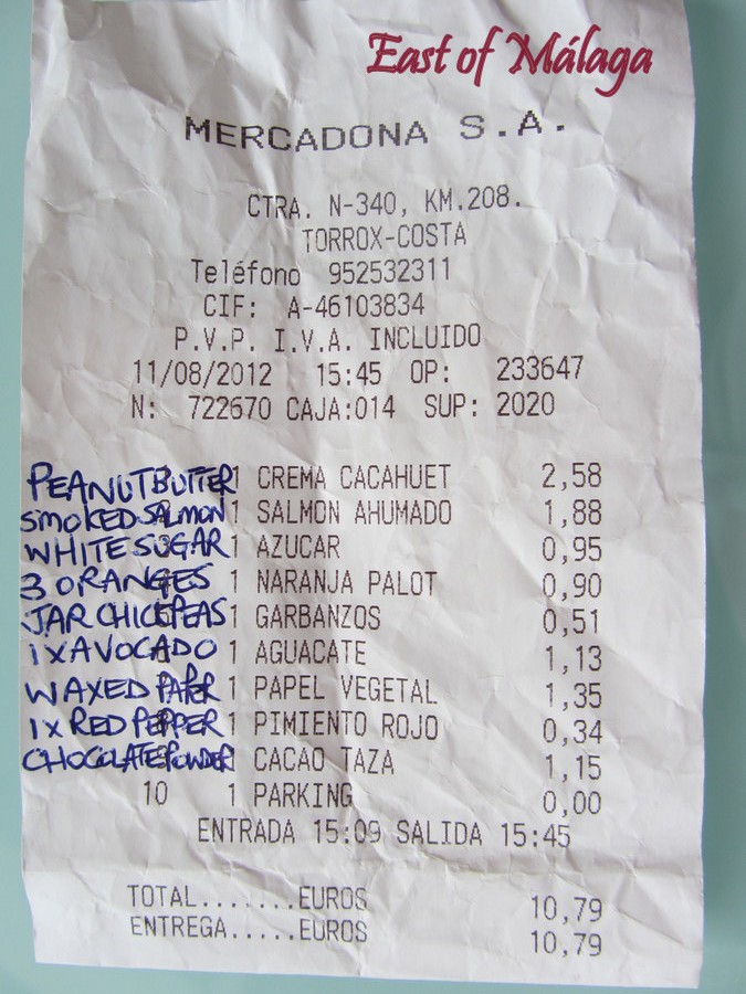 Mercadona supermarket receipt.   August 2012 