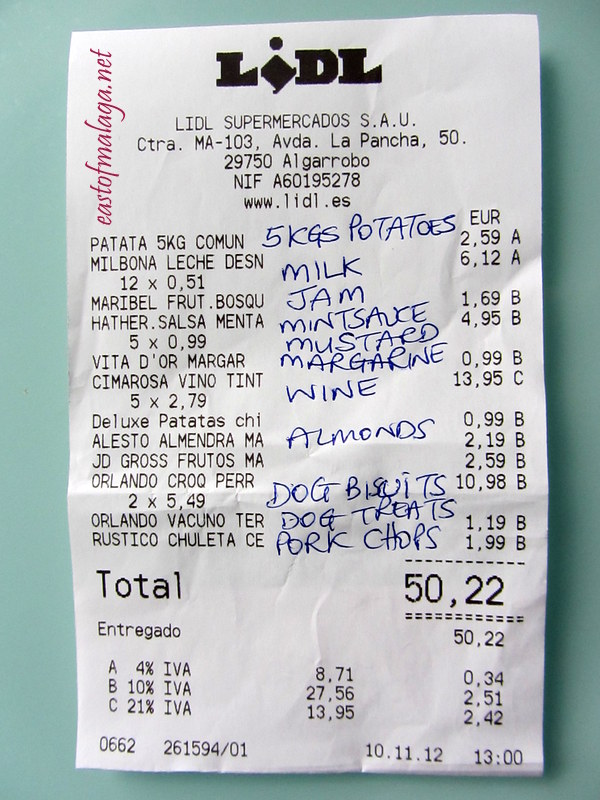 Till receipt from German supermarket Lidl in Spain