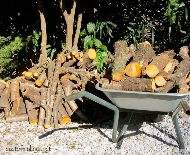 Stacking the almond logs