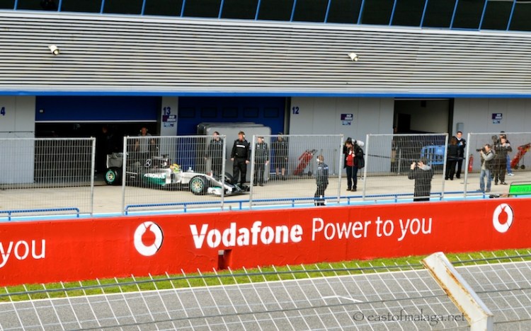 Lewis Hamilton emerges from his garage at Jerez